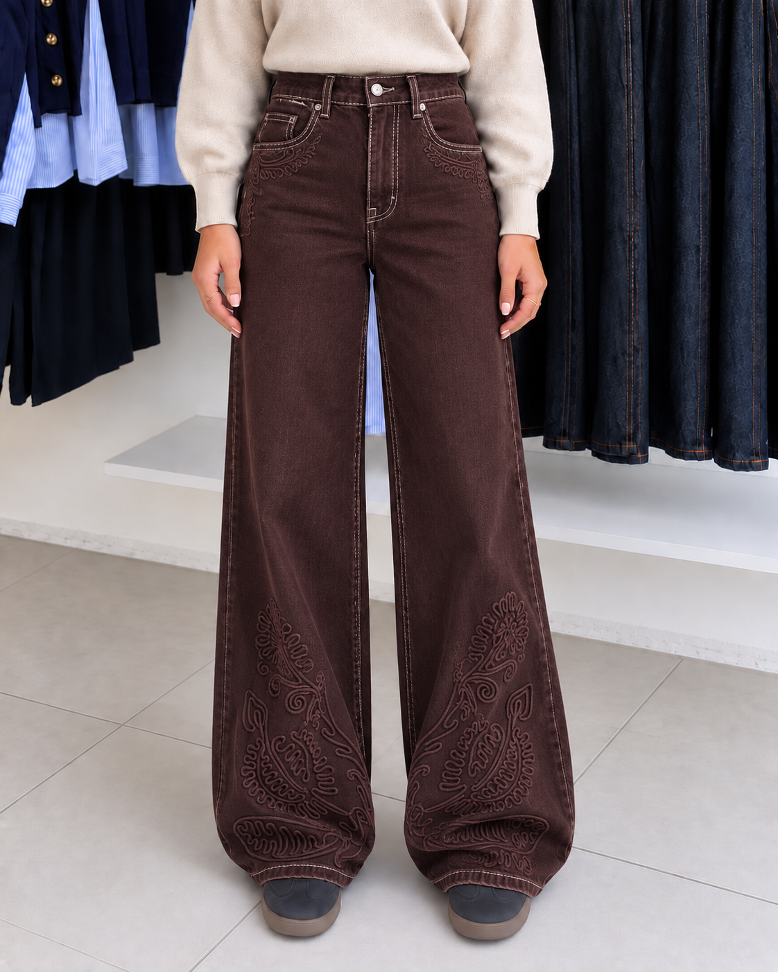 Brown Details Denim Pants