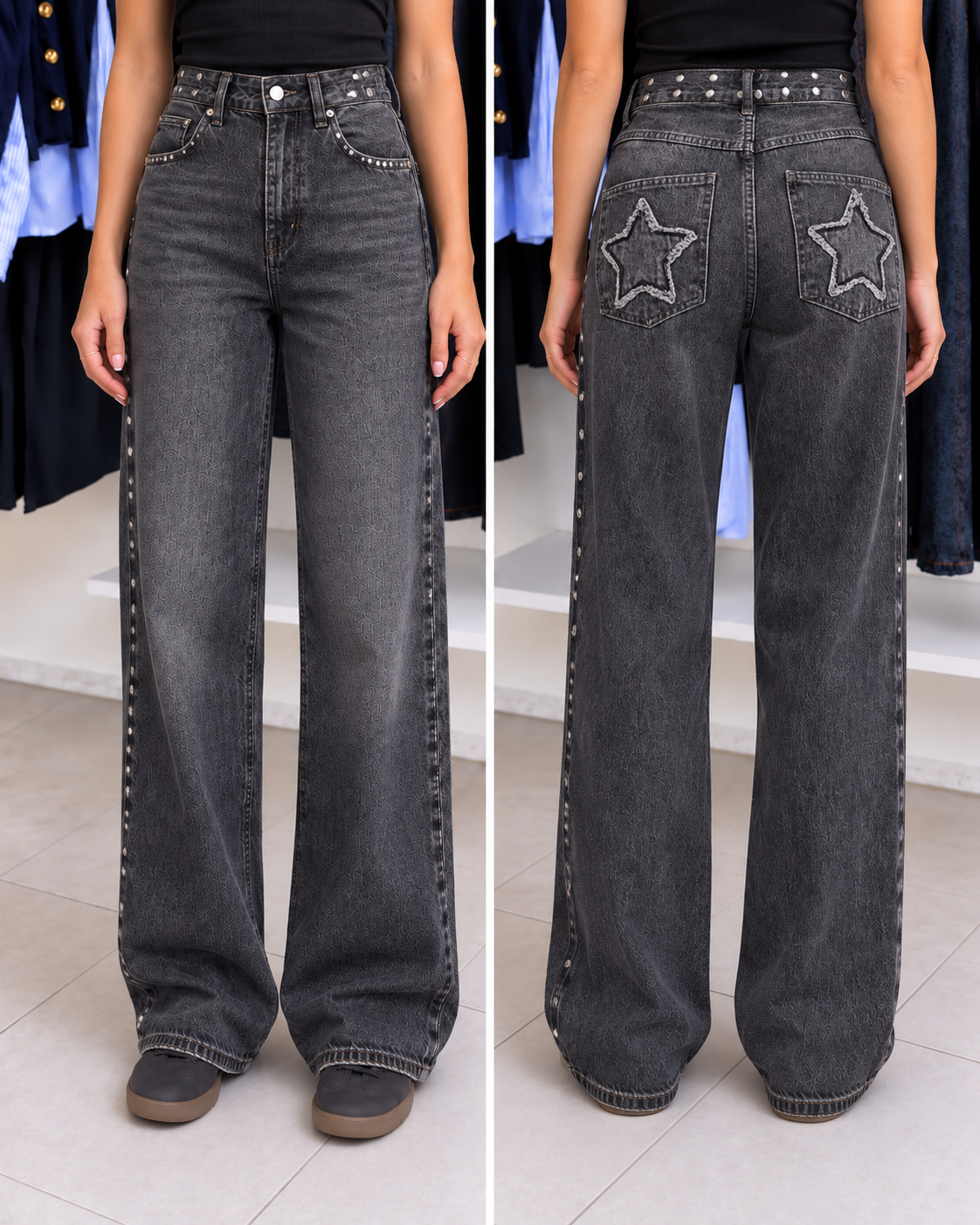 Gray Stars Denim Pants