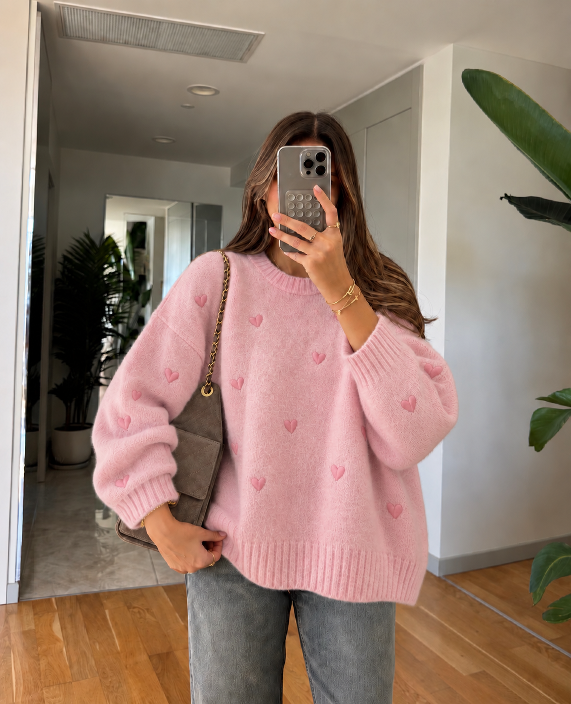 Pink Heart Stitching Sweater