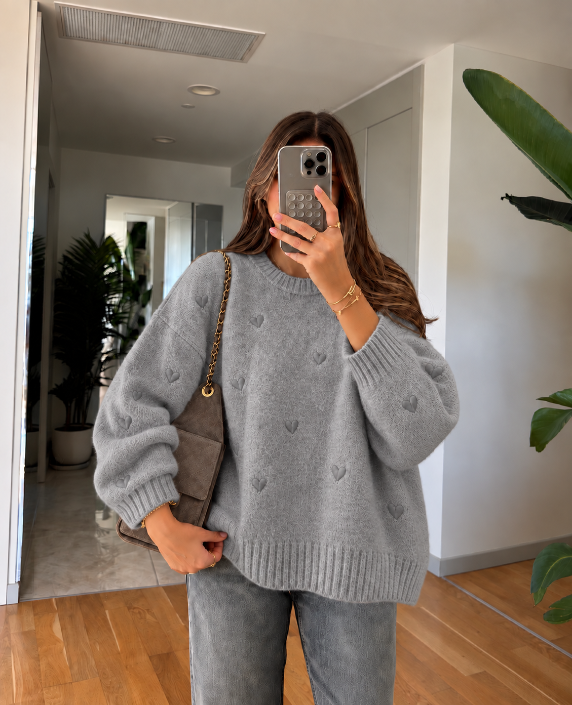 Gray Heart Stitching Sweater