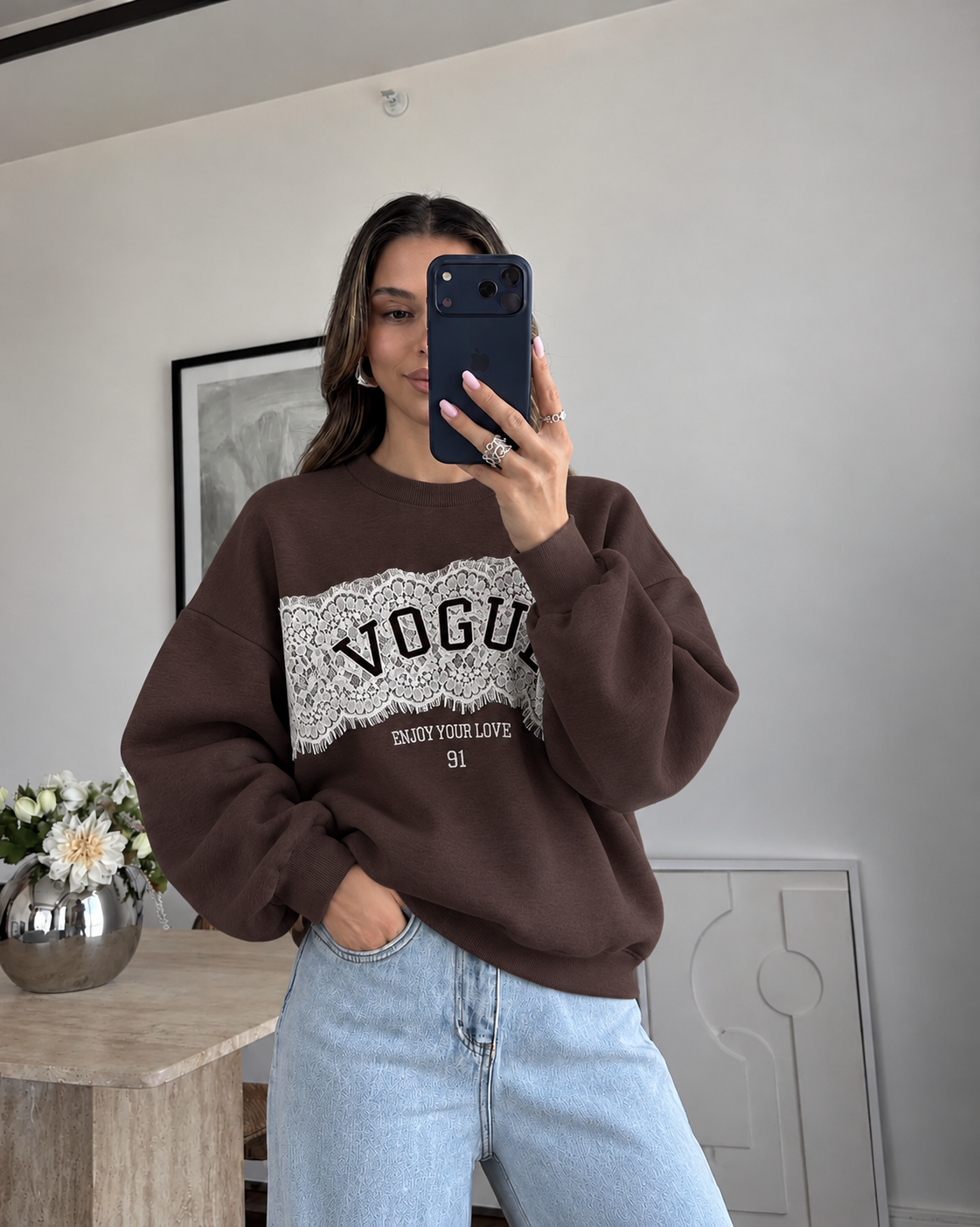 Brown Lace Detail Sweatshirt