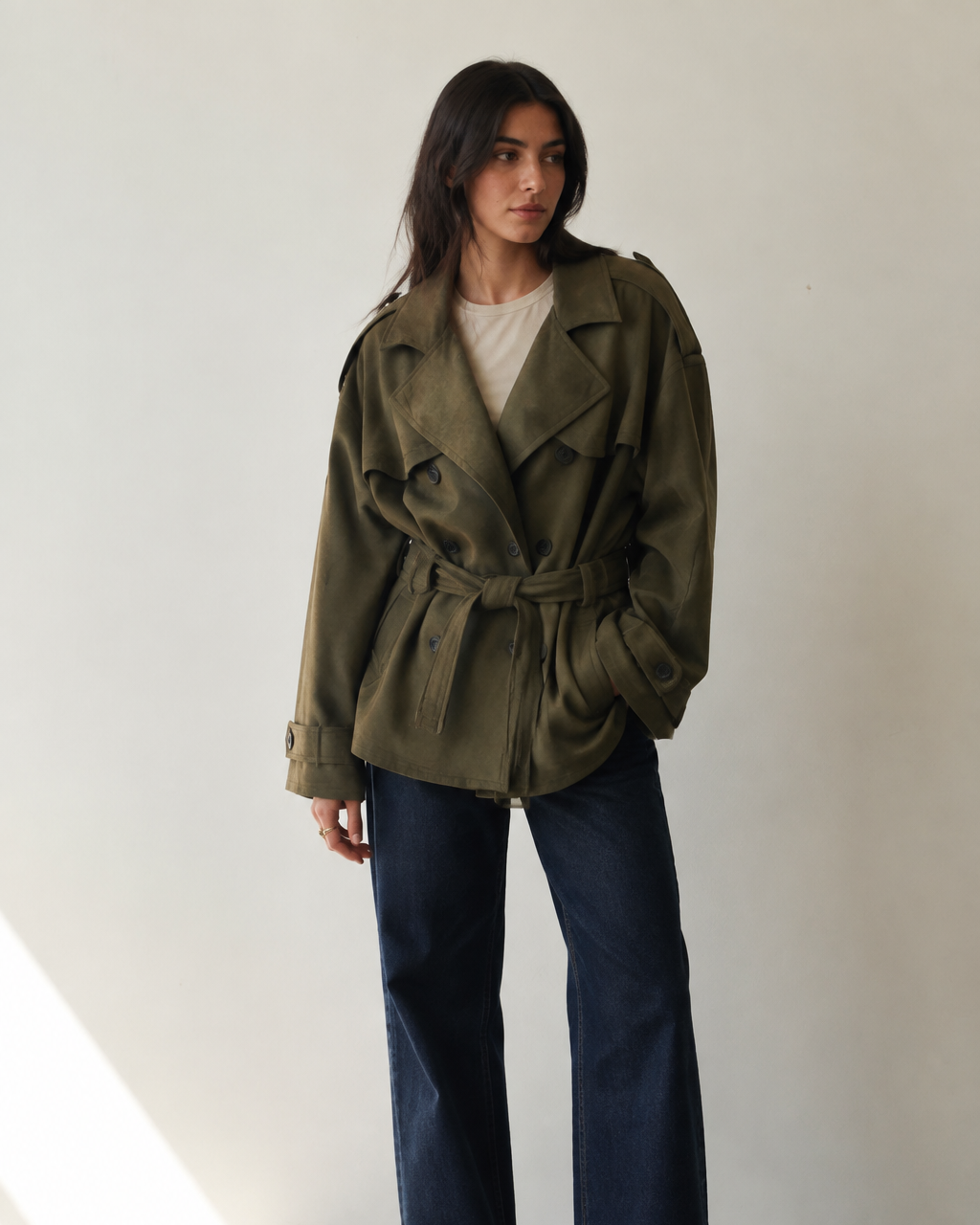 Short Olive Green Suede Coat